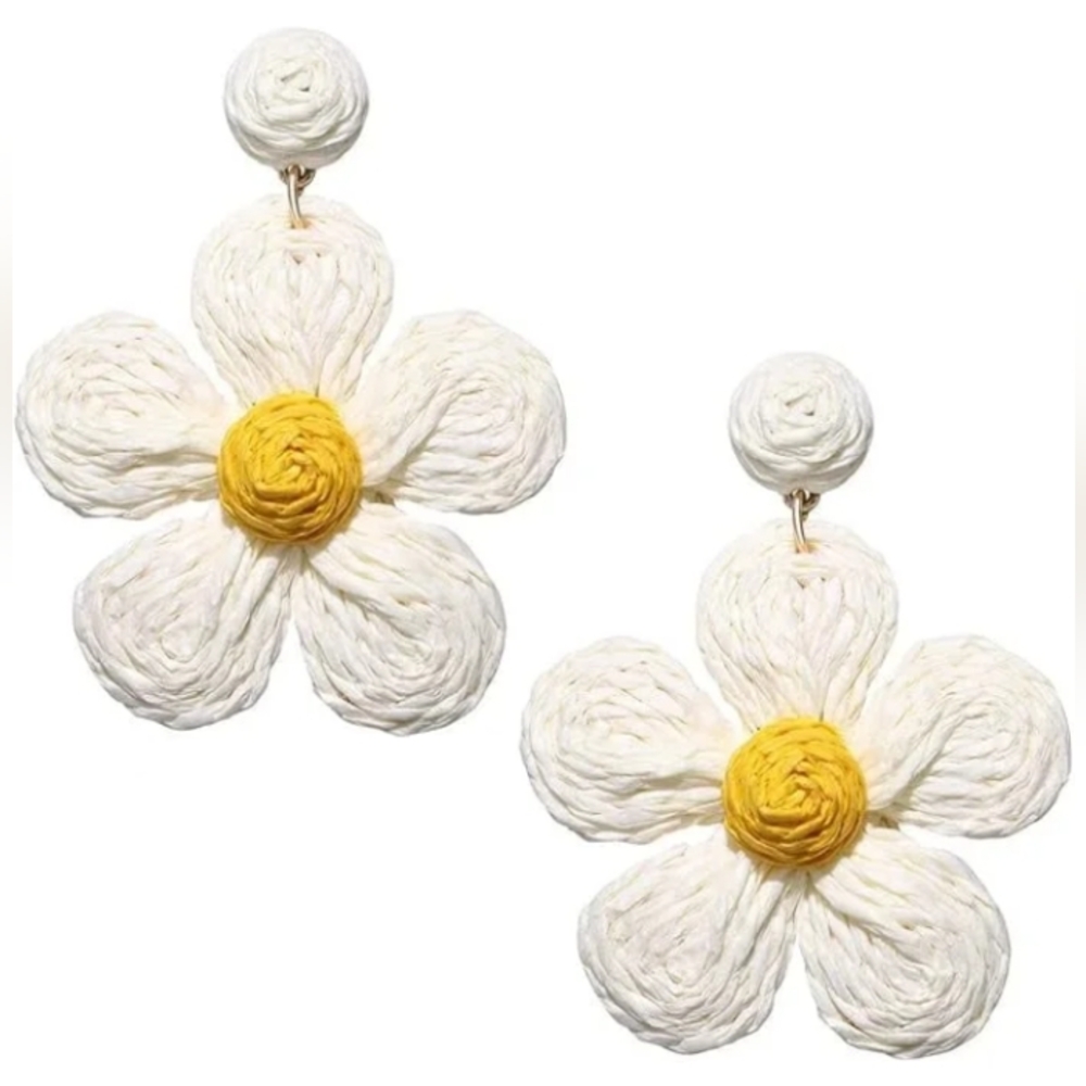 Oversized White Wicker Flower Power Earrings Boho Summer Big Rattan Flowers Post